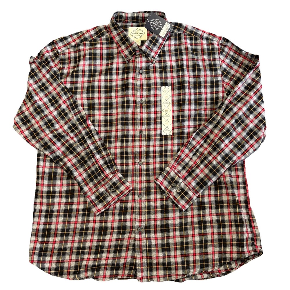 St. John's Bay Flannel Shirt Mens XXL Grey Plaid Long Sleeve Button Down NEW